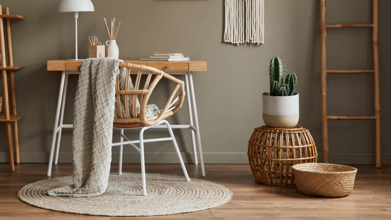 A cozy workspace with a rattan chair, desk, lamp, and potted cactus.