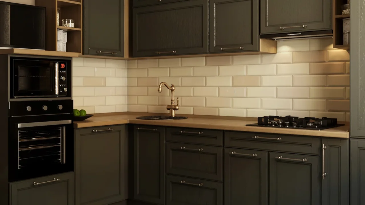 A modern kitchen with dark cabinets, a beige backsplash, and a wooden countertop.