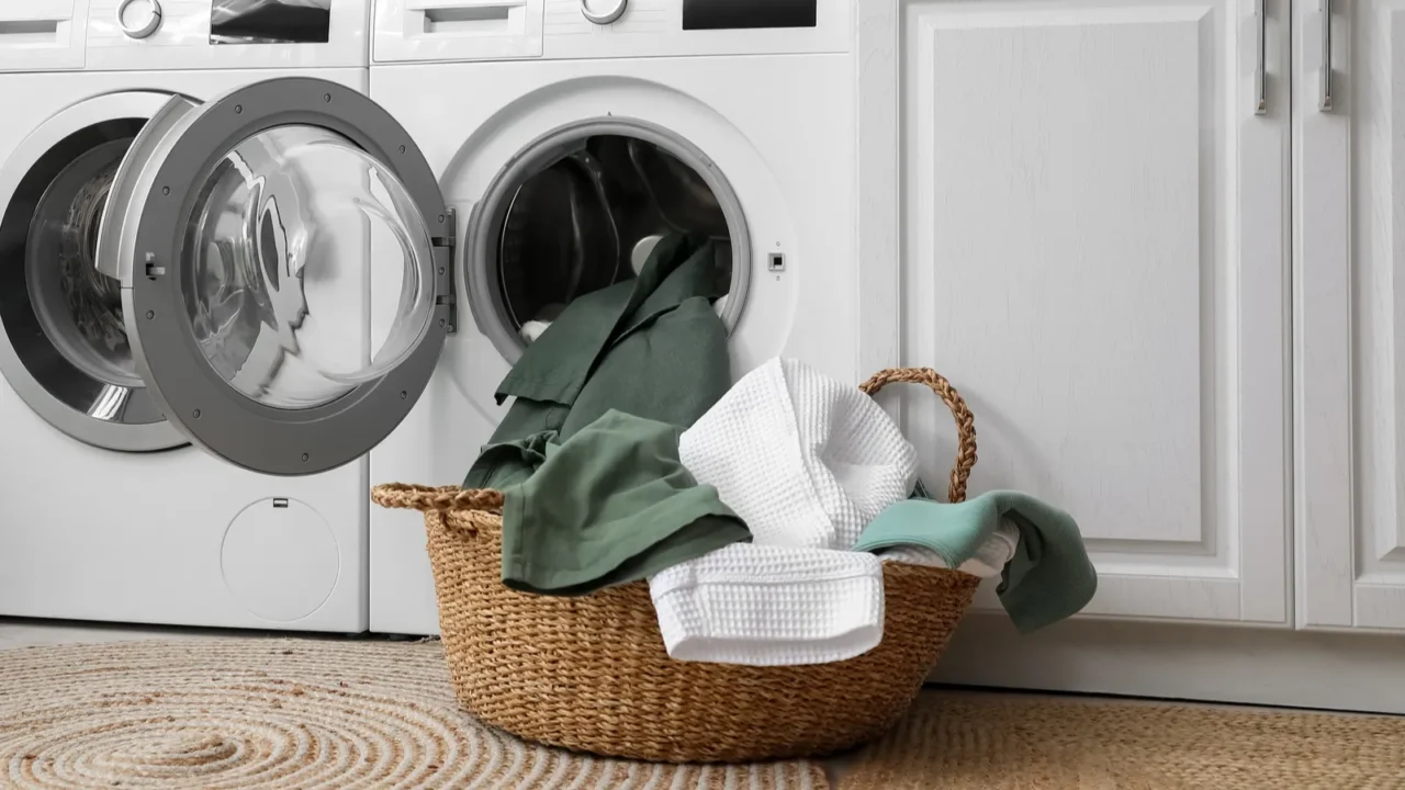 A laundry basket filled with green and white linens next to a washing machine.