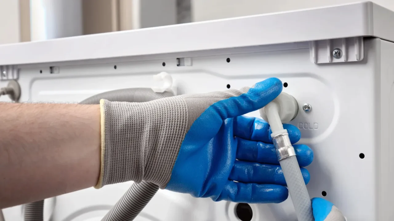 plumber in gloves repairing washer on back side washing machine