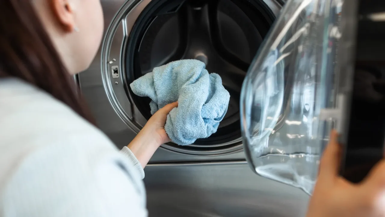 A person placing a blue towel into a washing machine.