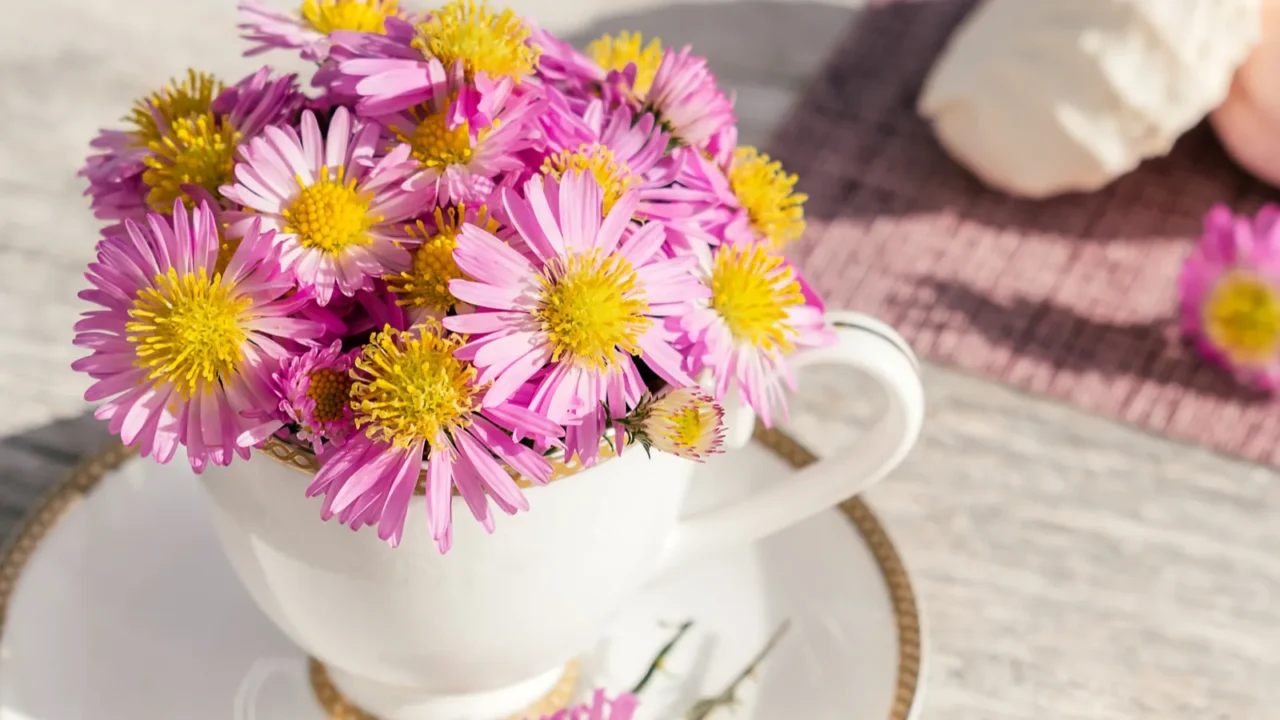 purple flowers in a white cup on a white wooden