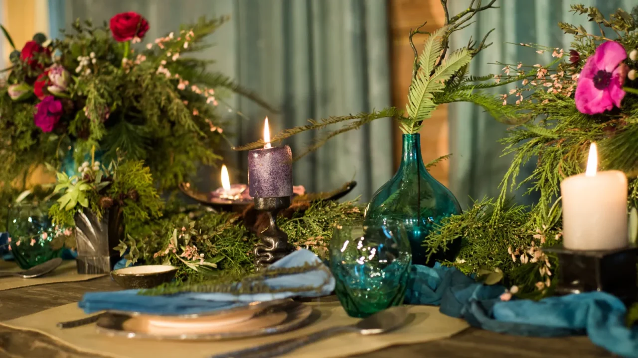 romantic dinner setup or holiday table setting red decoration with