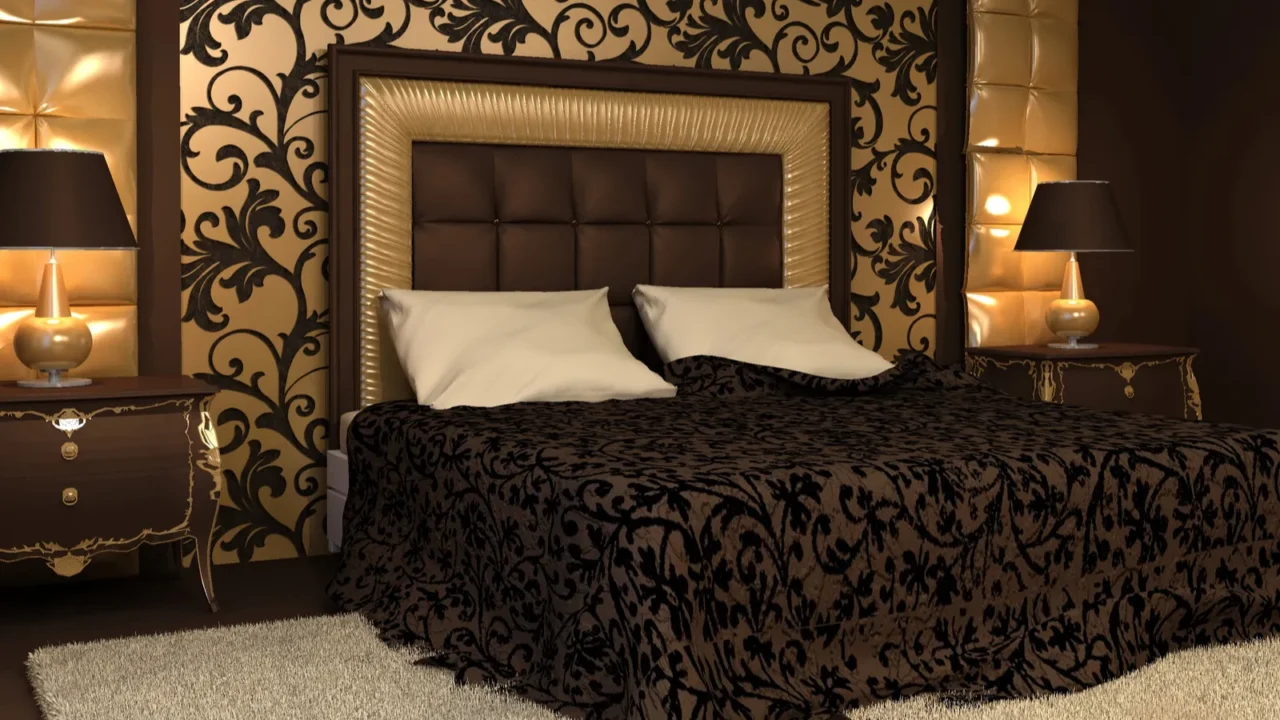 romantic interior double bed in golden luxurious interior hote