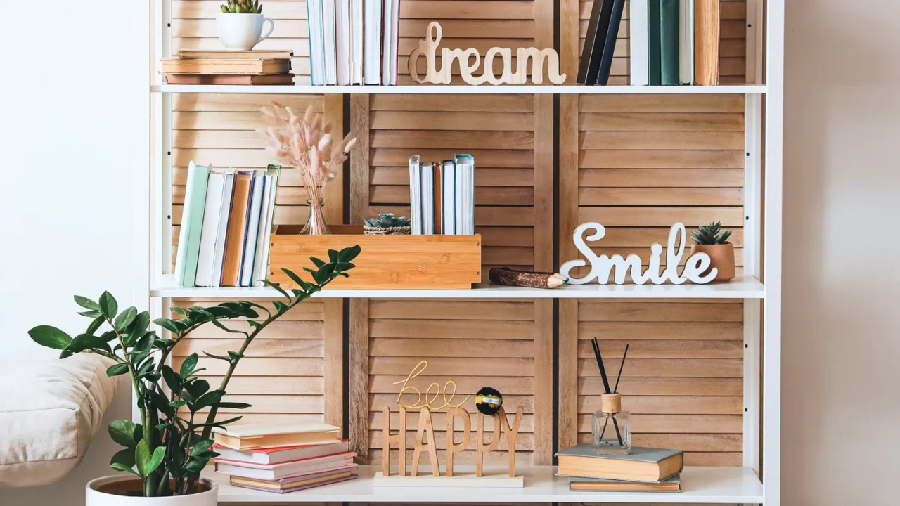 shelf unit with books and decor in interior of room