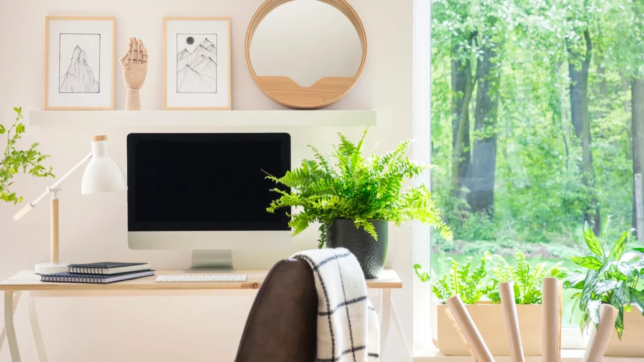 shelves with illustrations above a wooden desk with computer by