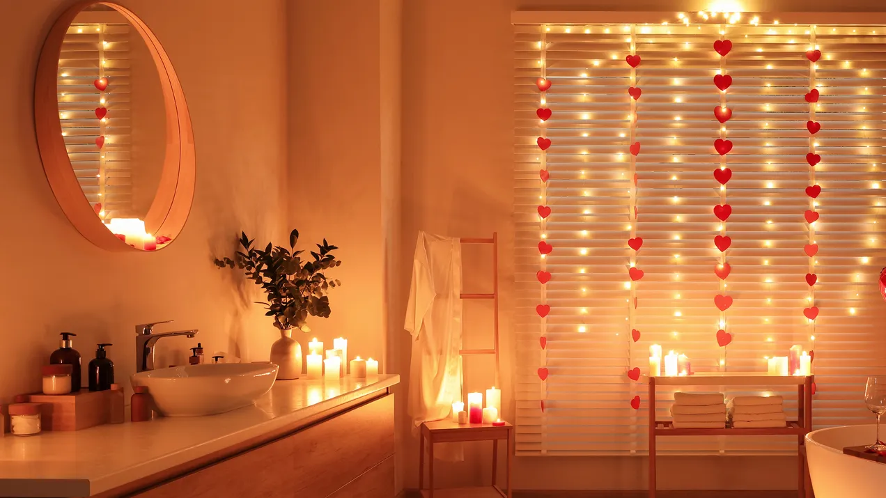 stylish bathroom decorated for valentines day interior design