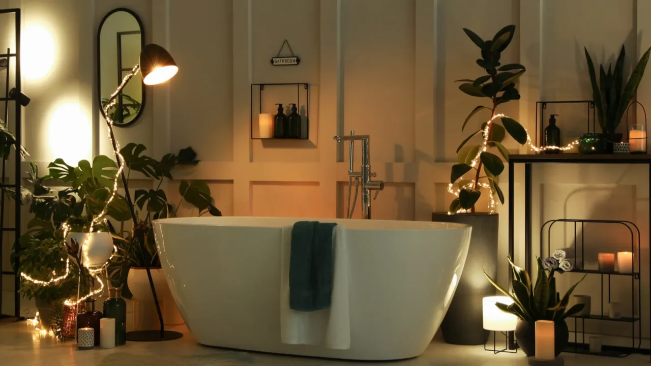 stylish bathroom interior with houseplants and string lights home design