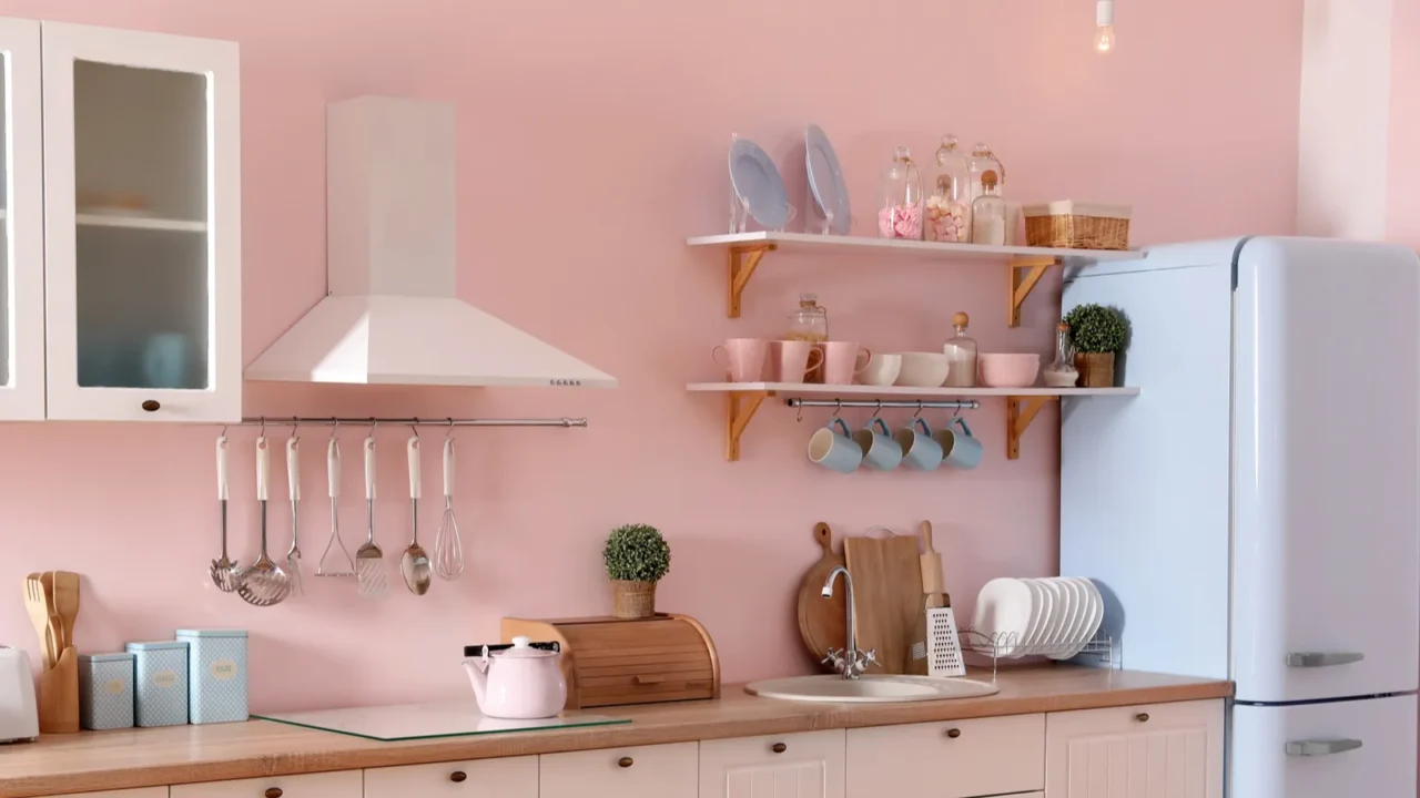 stylish kitchen interior with counter and fridge