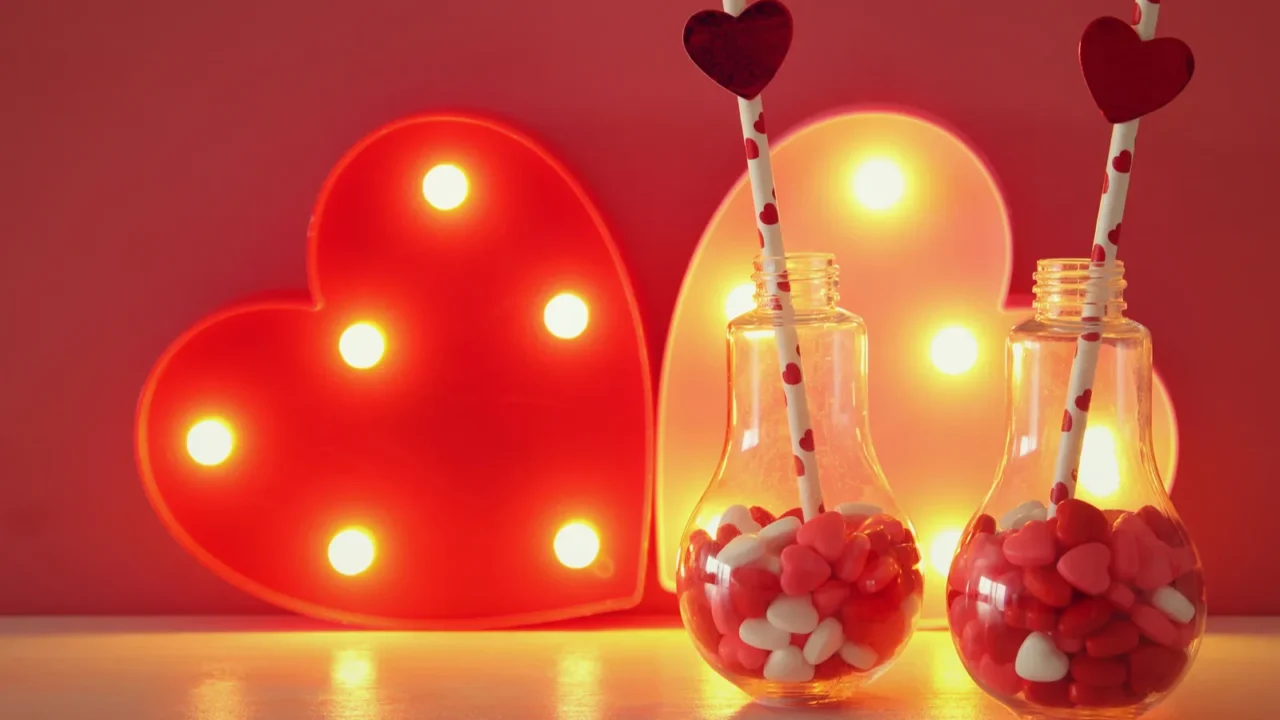 valentines day romantic background with plastic light bulb with heart