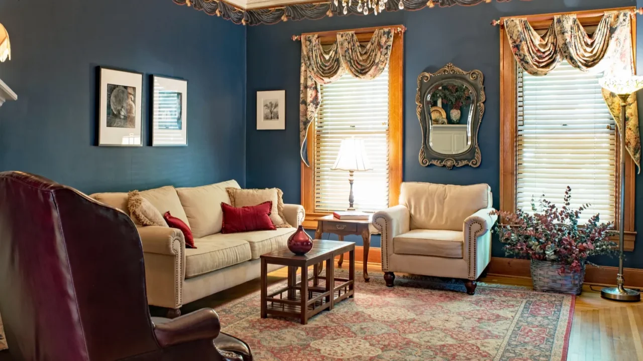 victorian living room with blue walls