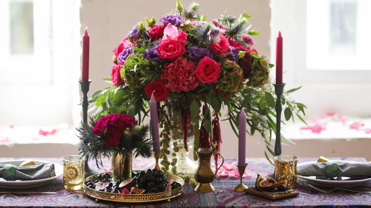 wedding bouquet on setting table