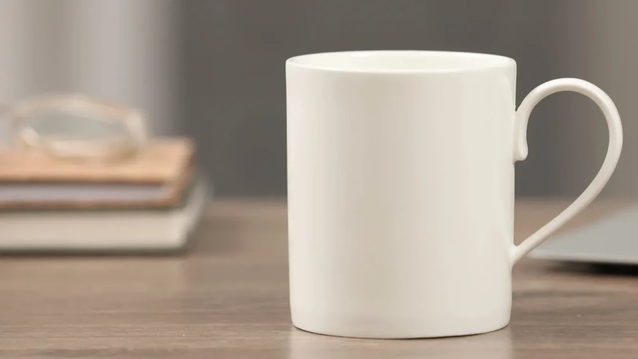 white ceramic mug on wooden table at workplace