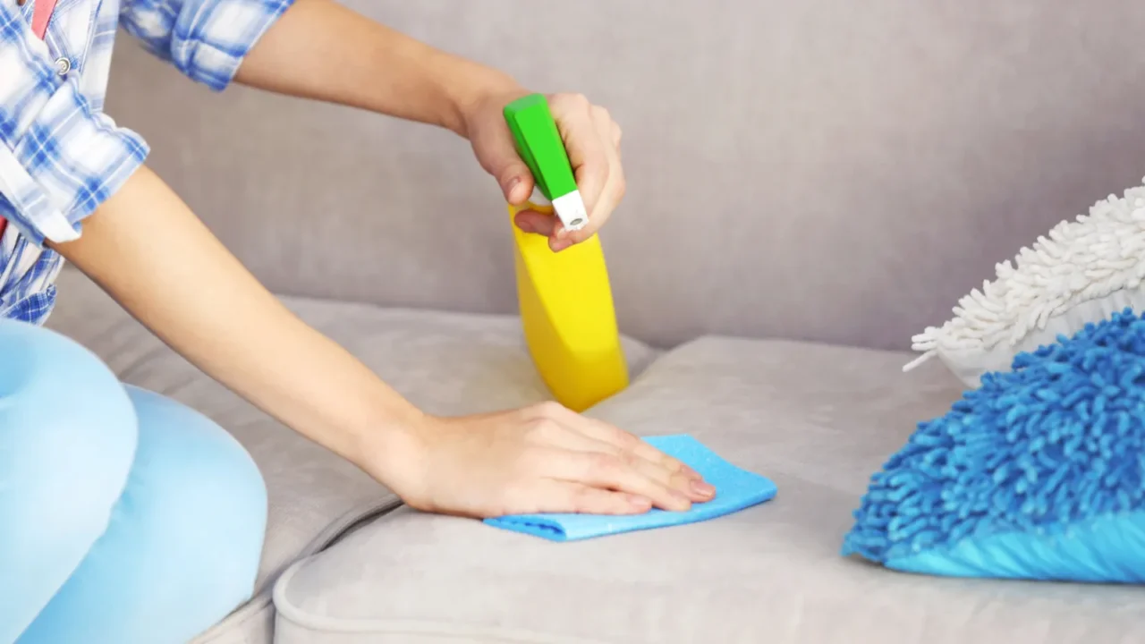 woman cleaning sofa at home