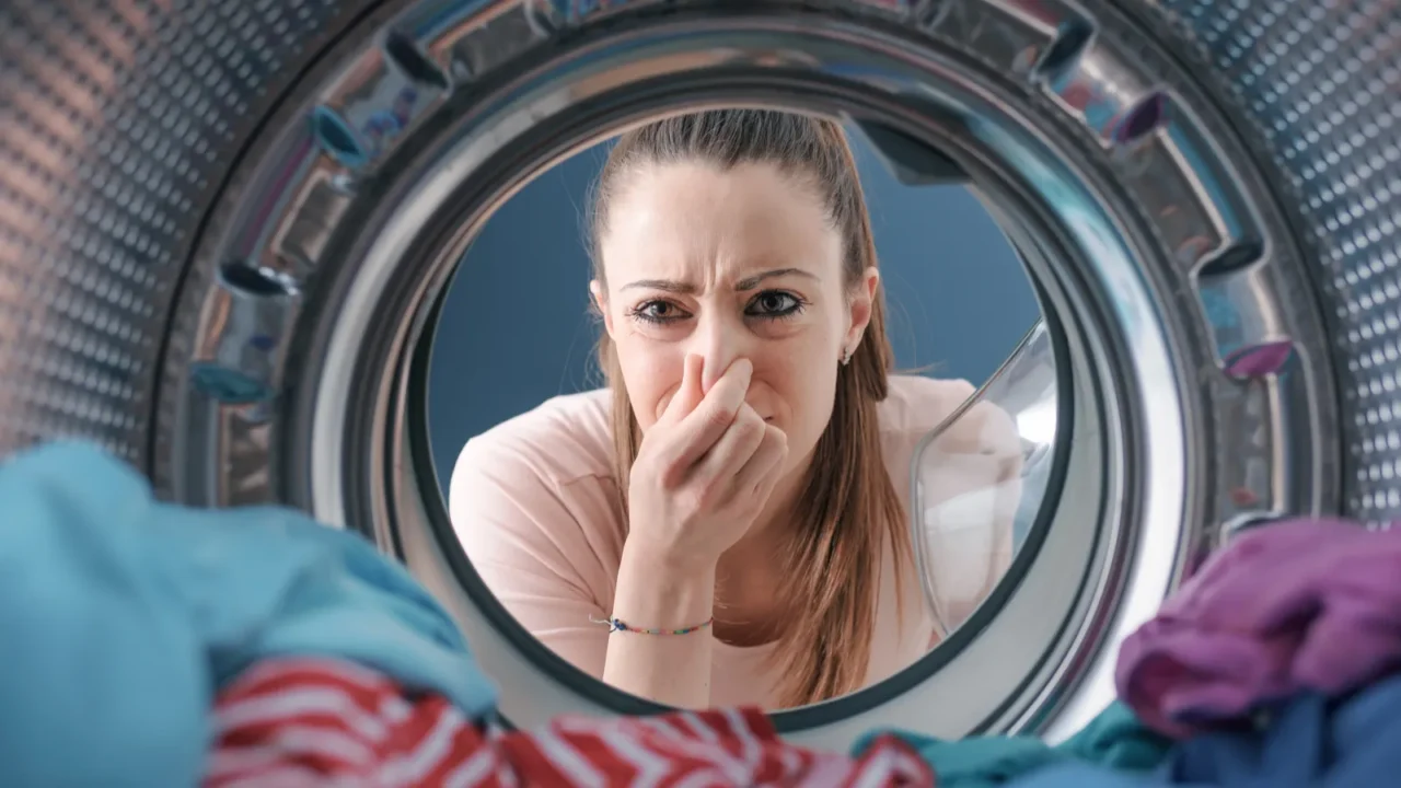 woman staring at the laundry in the washing machine and