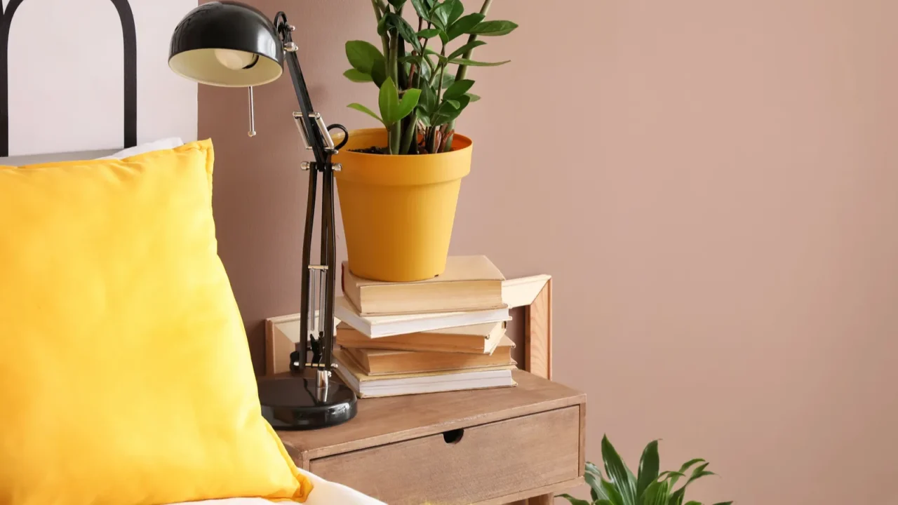 A bedside table with a yellow pillow, a desk lamp, and a potted plant next to stacked books.