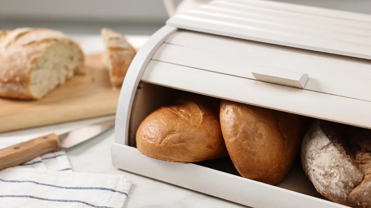 wooden bread basket with freshly baked loaves and knife on