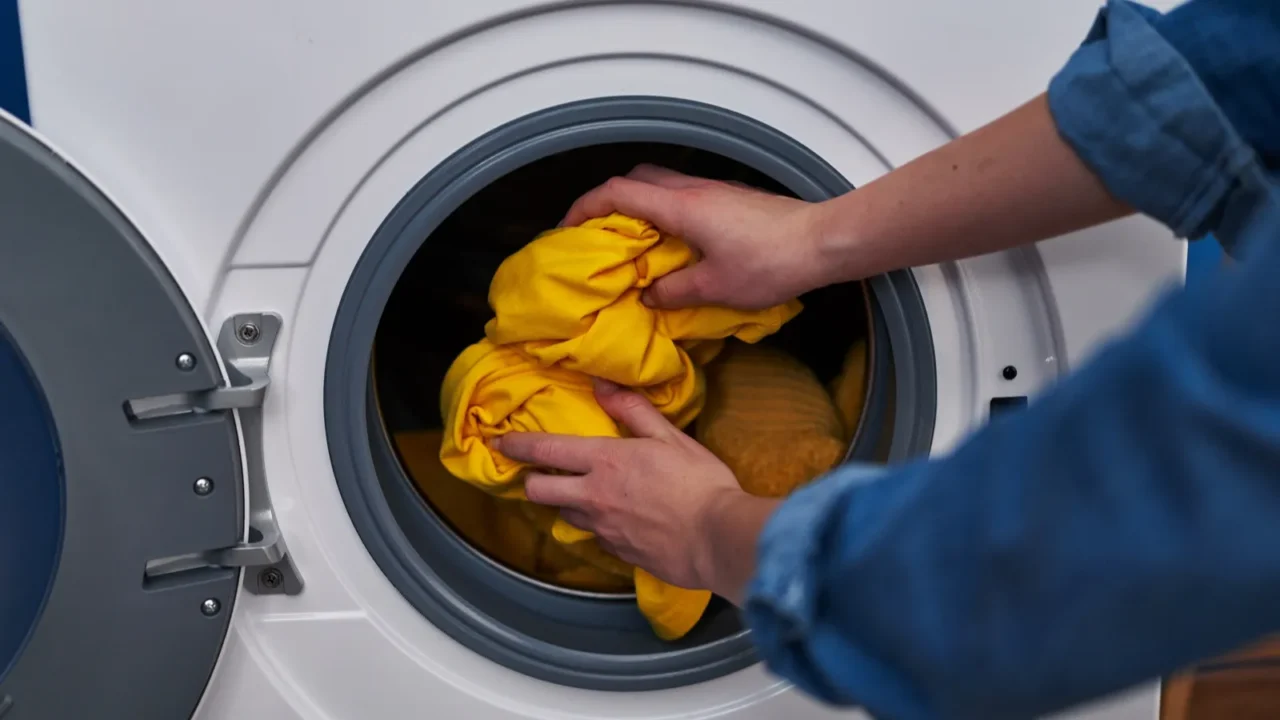 young beautiful hispanic woman washing clothes at laundry room