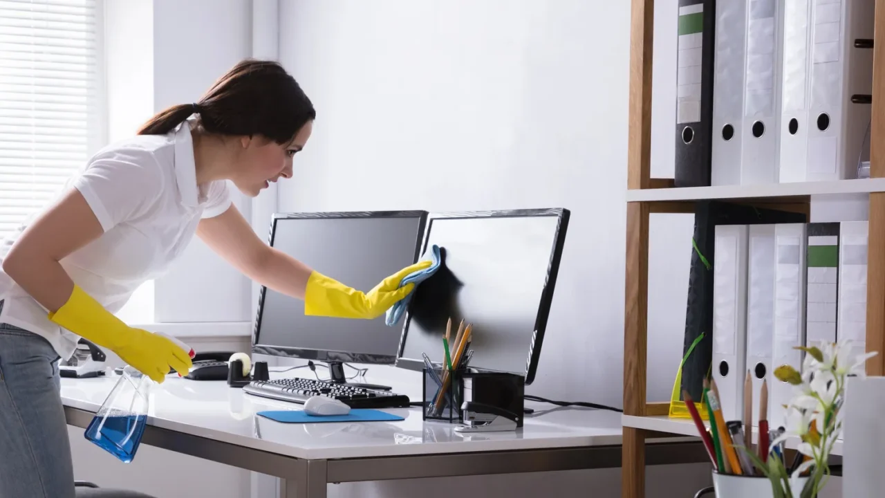 young woman cleaning computer monitor with rag in office