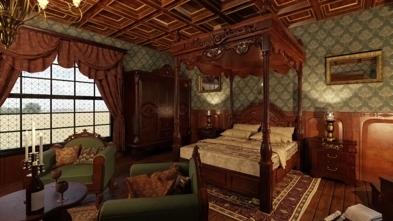 A richly decorated Victorian bedroom features a prominent four-poster bed, ornate dark wood furniture including a wardrobe and side tables, plush green armchairs with patterned cushions, heavy red drapes framing a large window, a detailed coffered ceiling.
