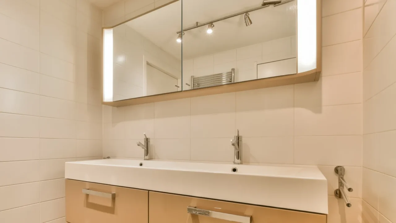 a bathroom with two sinks and mirror above the sink