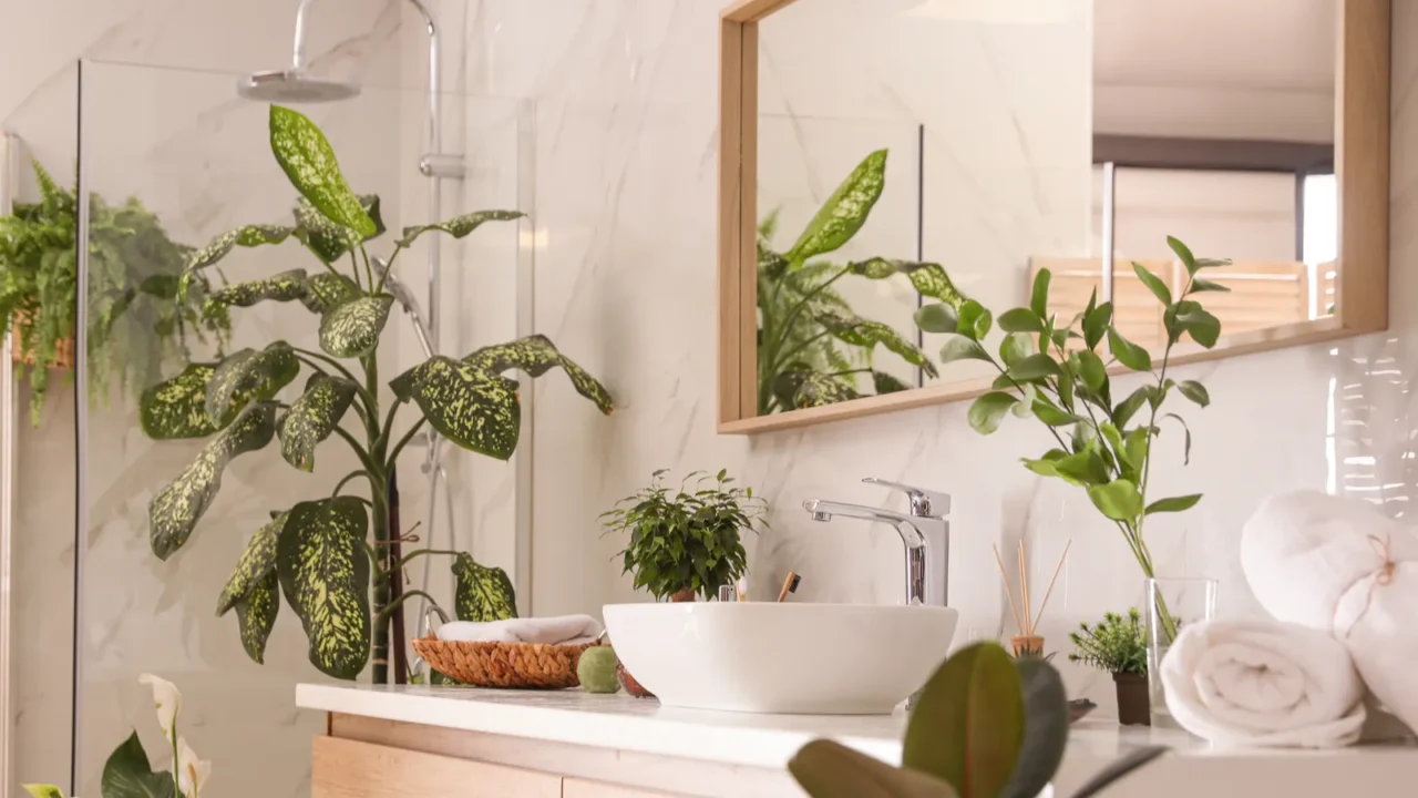 beautiful green plants in elegant modern bathroom interior desi