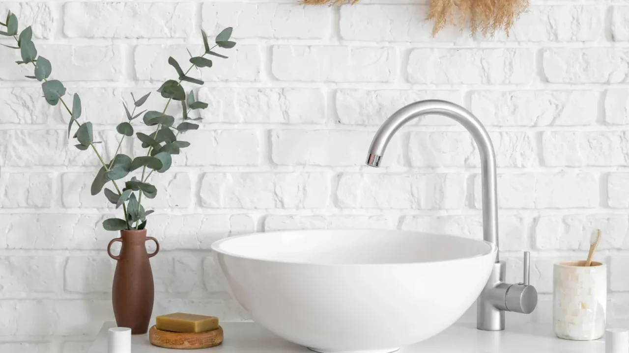 beautiful interior of modern bathroom with sink