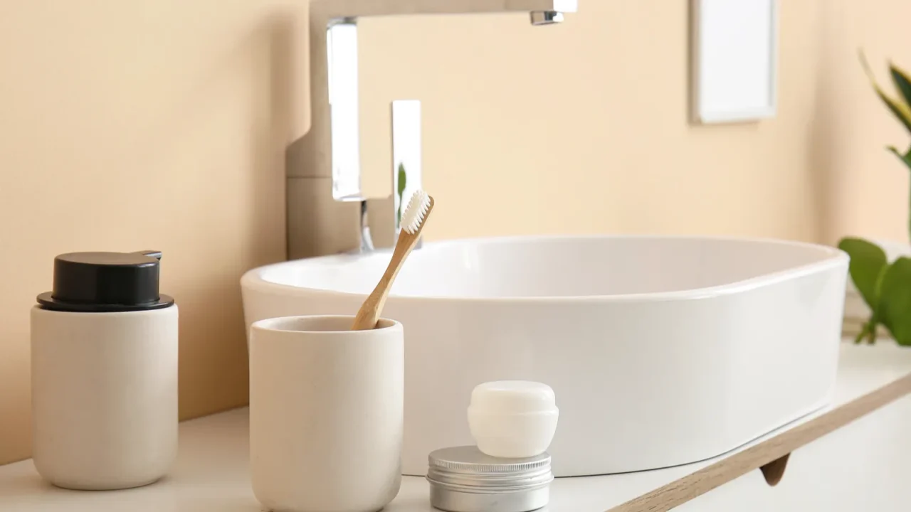 ceramic sink and chest of drawers near beige wall in
