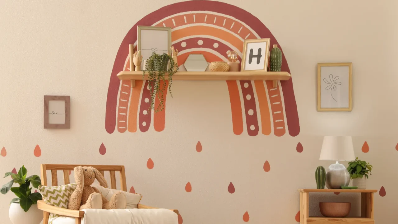 childs room interior with rainbow painting on wall