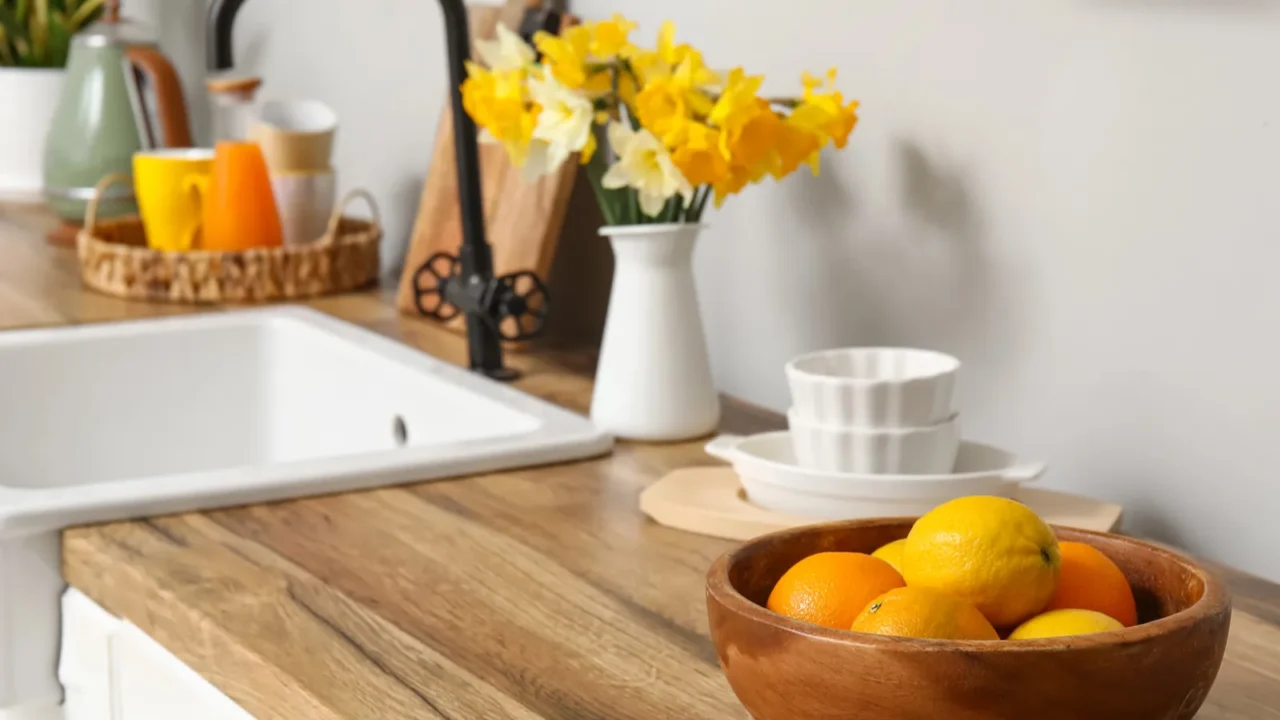 citrus fruits and daffodil flowers on kitchen counter closeup