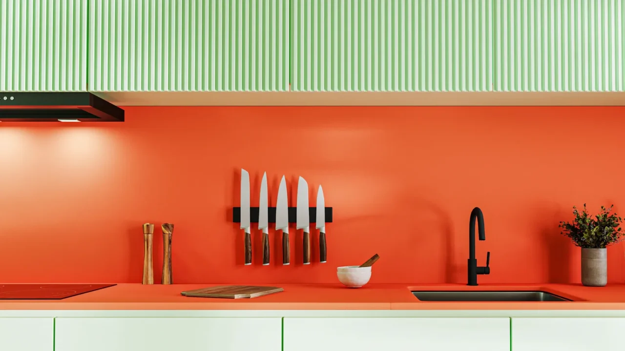 colorful orange and green kitchen countertop with sink and kitchen