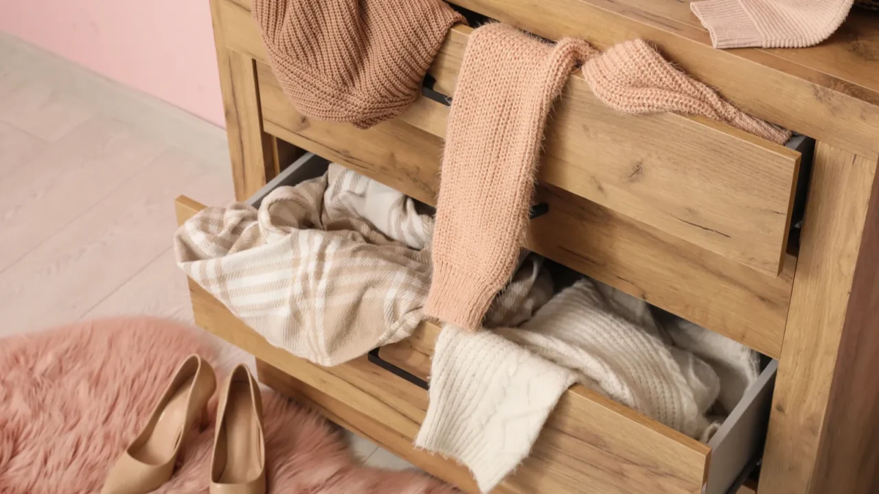 commode with scattered clothes near pink wall in living room