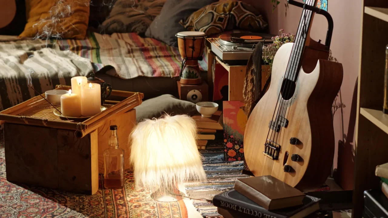 cozy bedroom filled with musical instruments books and candles creating