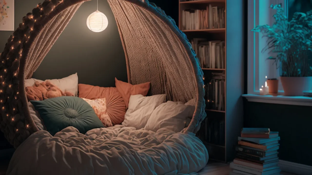 cozy reading room interior with books and a small sofa