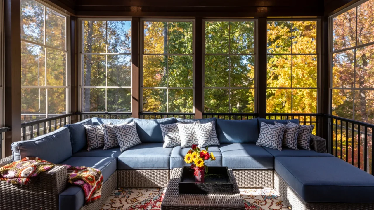 cozy screened porch with contemporary furniture and flower bouquet in