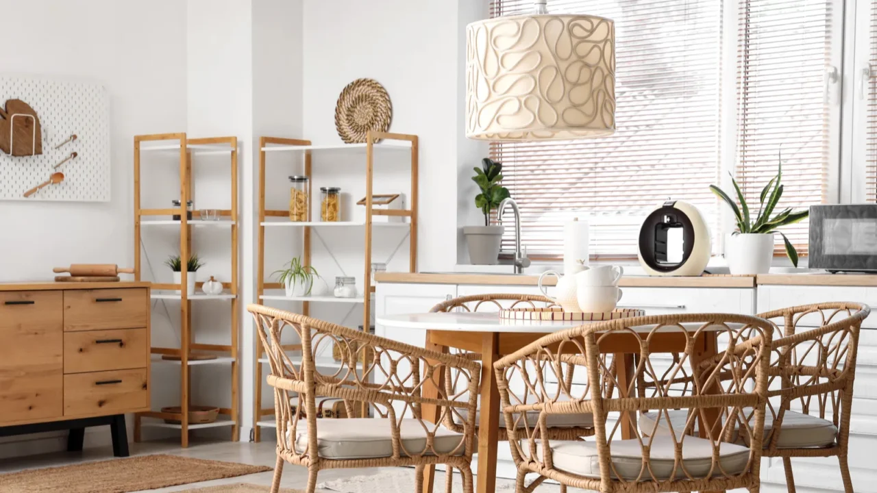 dining table chest of drawers chairs and lamp in stylish