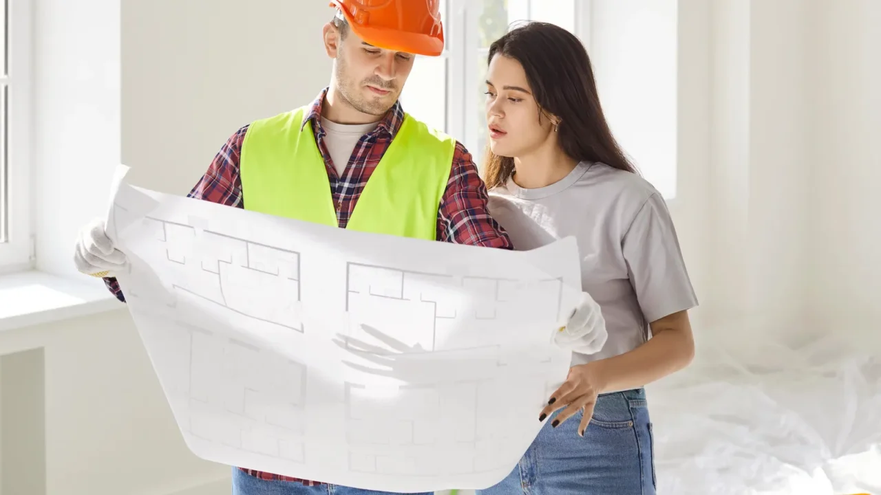 A construction worker and a woman discussing building plans.