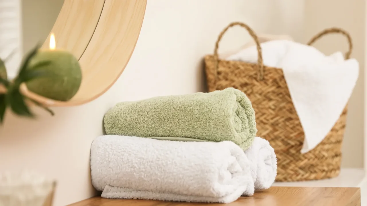 fresh towels on wooden table in bathroom