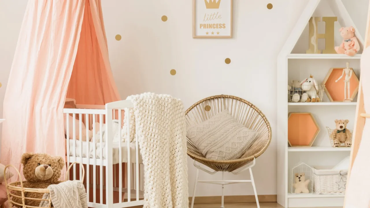gold poster on the wall in childs bedroom interior with