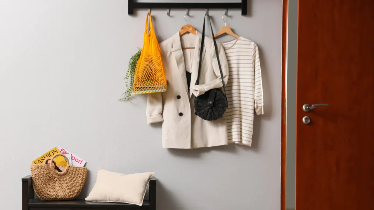 hallway interior with stylish furniture clothes and accessories