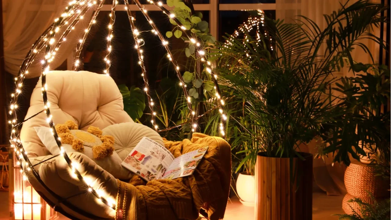 indoor terrace interior with comfortable hanging chair and houseplants