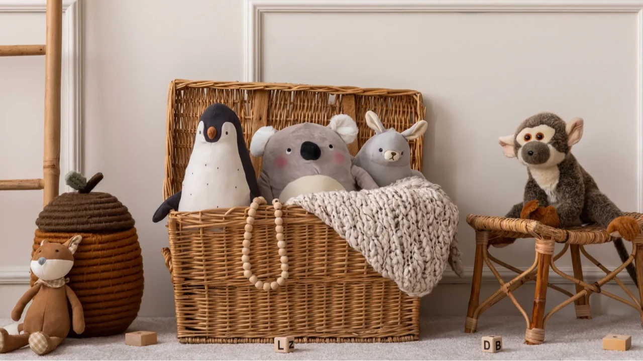 interior design of kids room interior with wicker basket plush