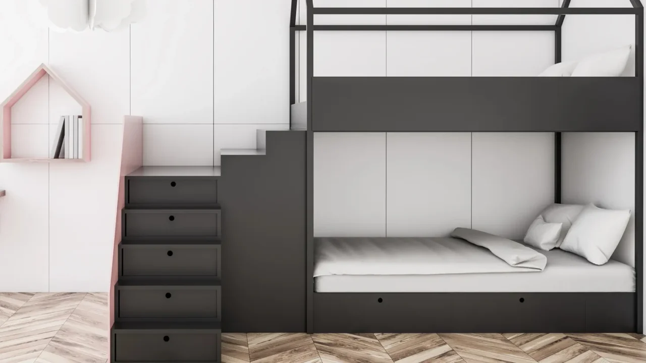interior of kids bedroom with white walls wooden floor gray