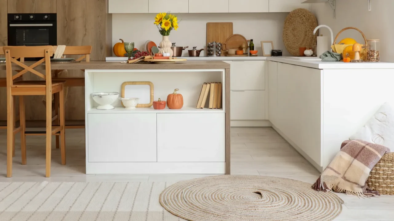 interior of light kitchen with autumn flowers grapes and pumpkins
