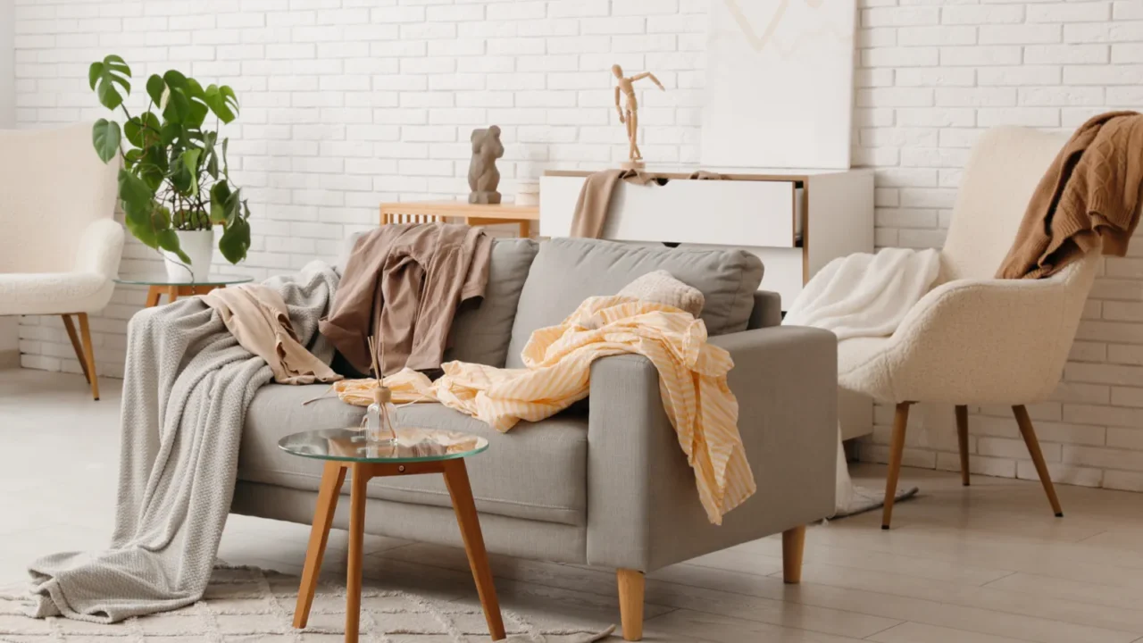 interior of messy dressing room with scattered clothes on sofa