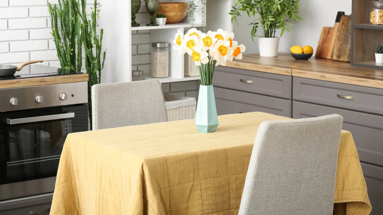 Simple dining area with yellow accents in the kitchen.