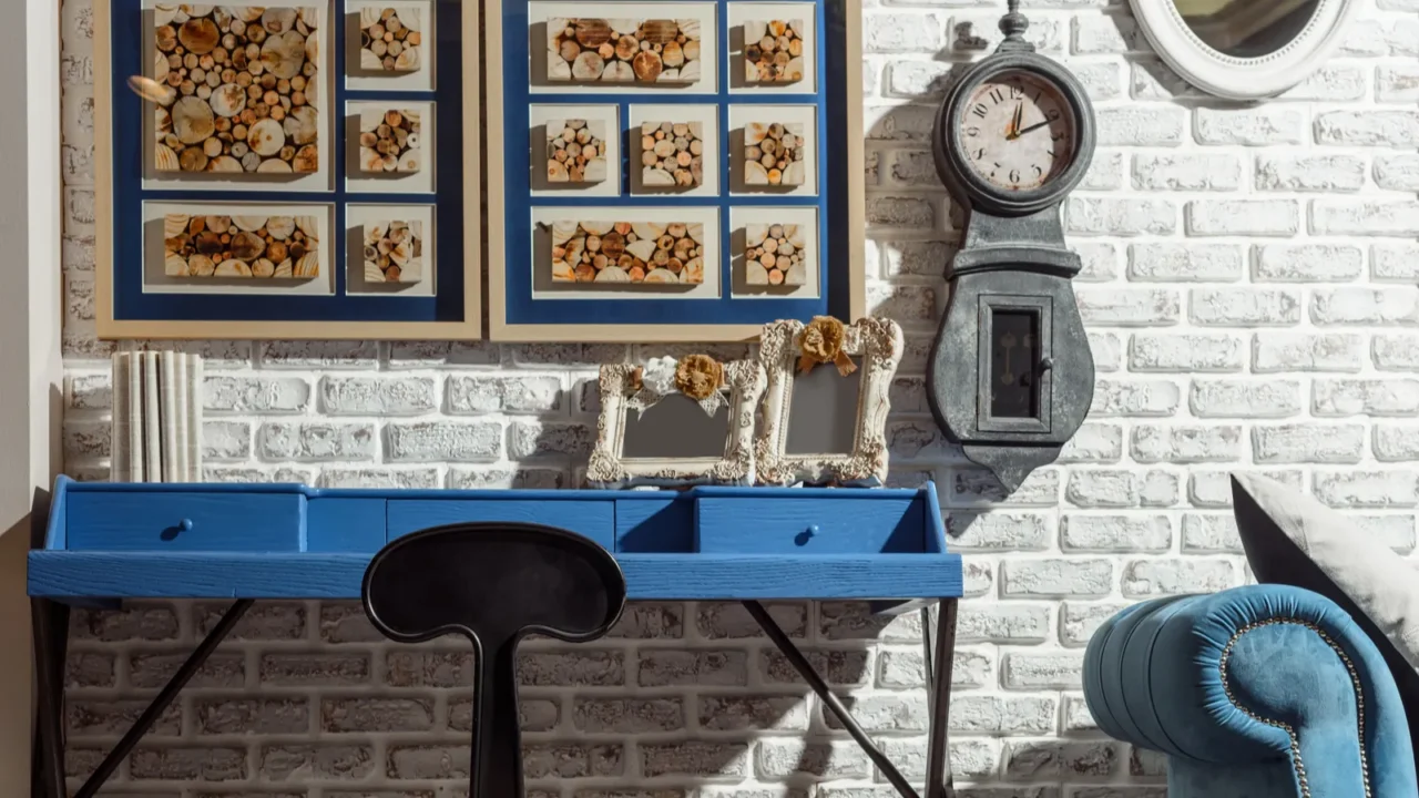 interior of modern retro styled living room with chair table