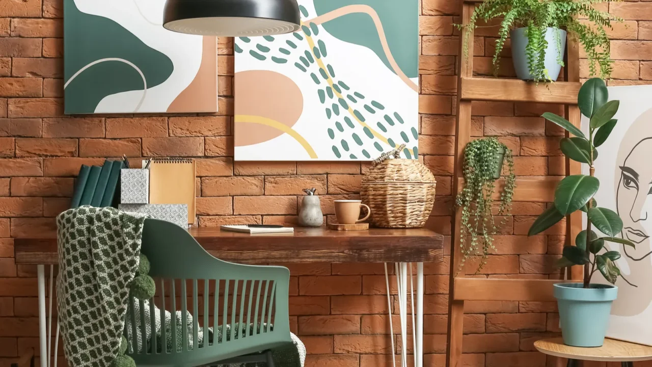 interior of modern room with comfortable workplace and houseplants