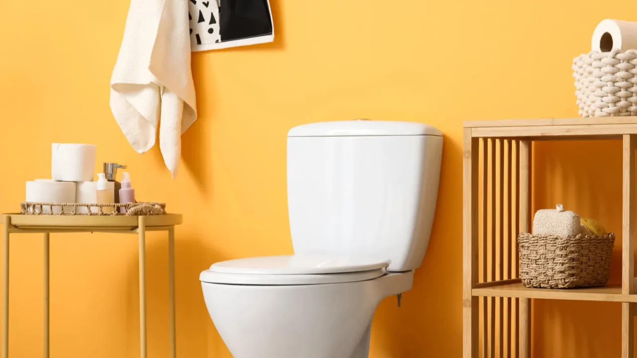 interior of restroom with white toilet bowl coffee table and