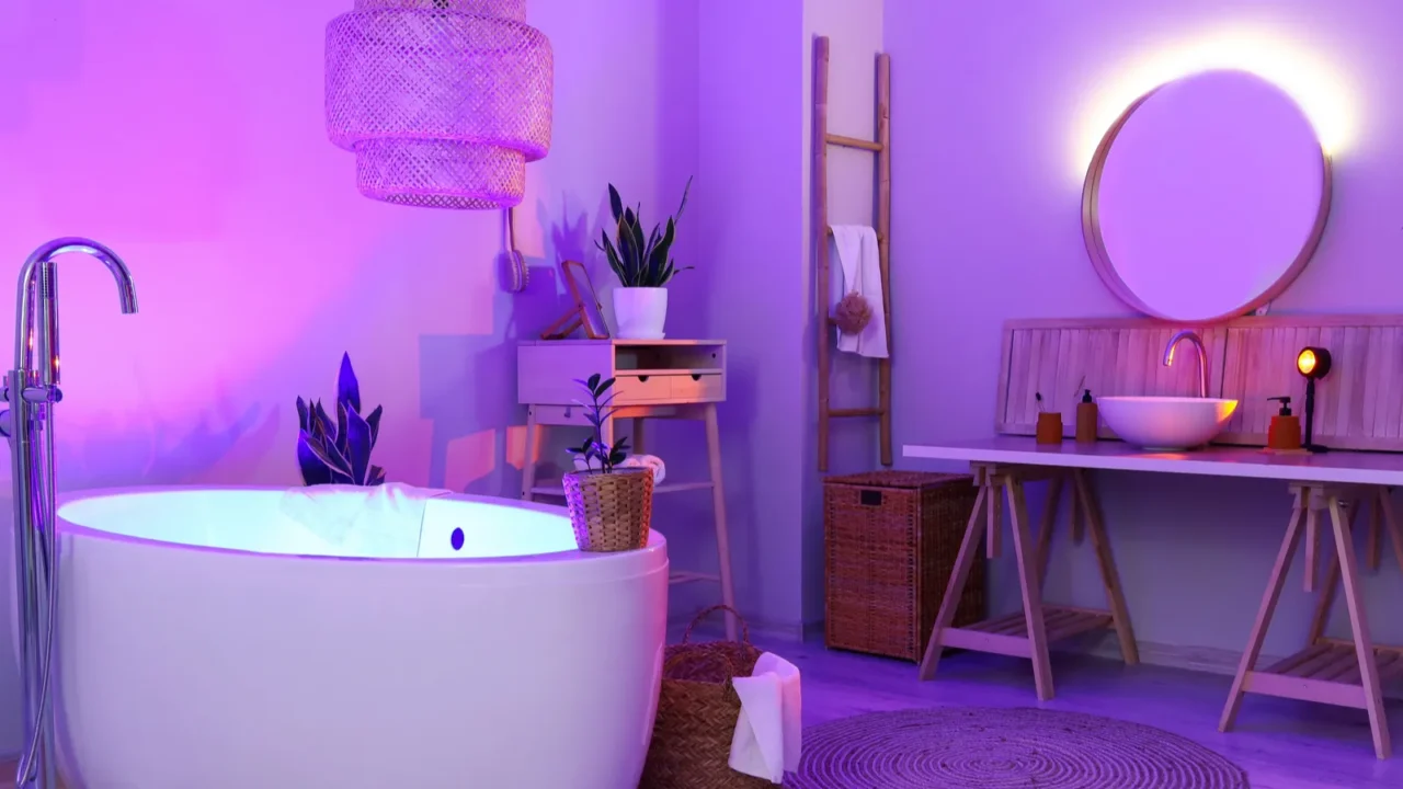 interior of stylish bathroom with table sink and neon lighting